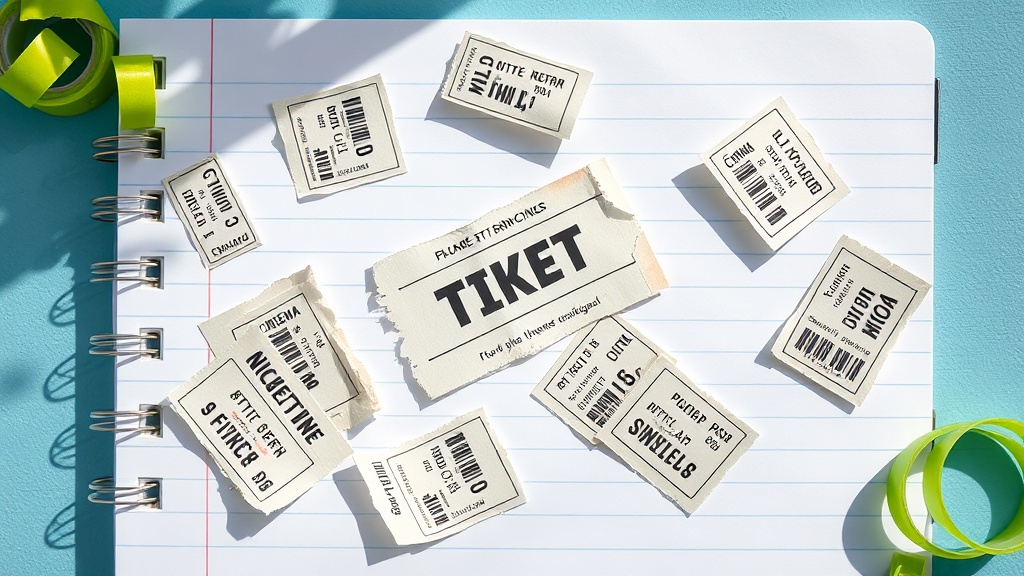 Ticket stubs arranged on lined scrapbook paper