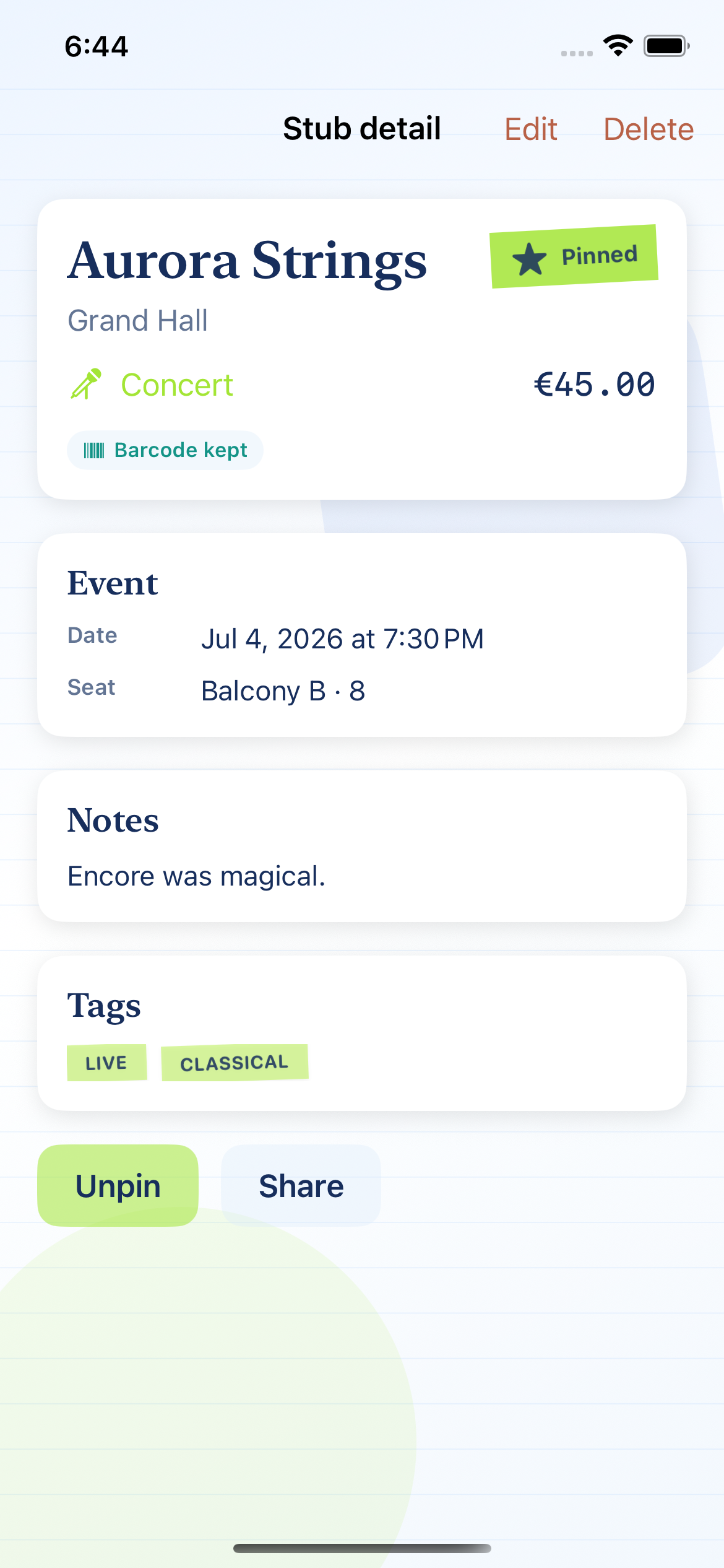 Ticket stub detail with price and barcode status