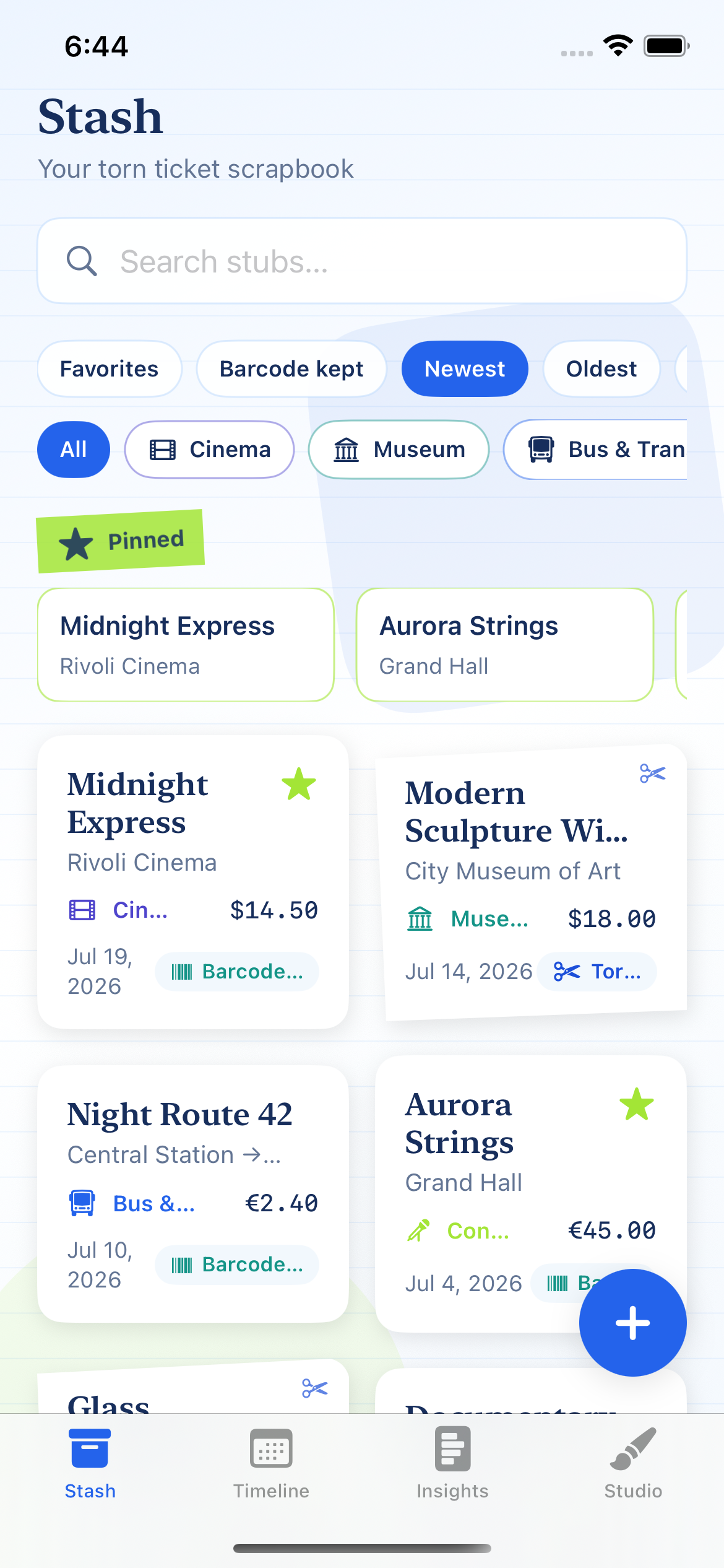 Tornfolio stash grid with pinned tickets
